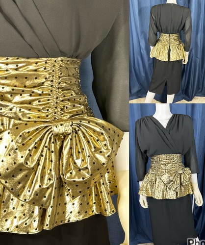 VTG 80s 4 Dress Ruched Metallic Lame Dot Peplum Pat Richards Black Gold Waist 26 - Picture 3 of 18