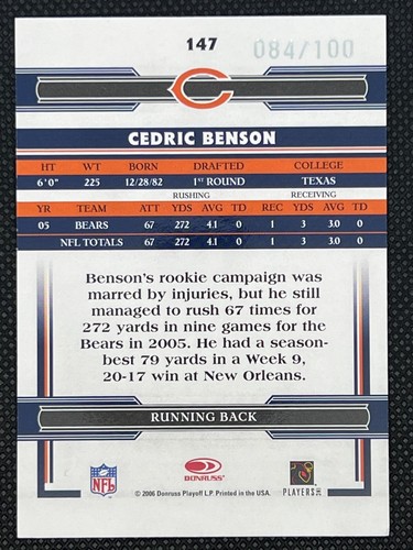 2006 Donruss Threads Century Proof Silver Cedric Benson /100  82422 - Picture 2 of 2