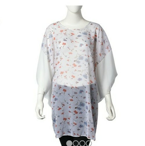 Flower Pattern Poncho - Ivory, Blue And Orange. One Size Fits All - Picture 2 of 2