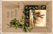 POSTCARD-With Best Christmas Wishes, Windmill, Holly, Embossed /Star
