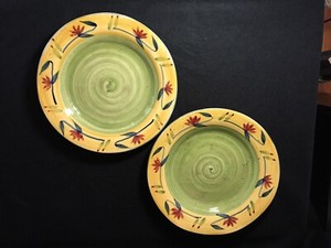 PIER-1-034-Elizabeth-034-Pair-2-of-Dinner-Plates-Green-Yellow-Flowers