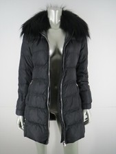 Prada Puffer Coat Fox Fur Collar Size 2 38 XS Black Down Quilted Long Zip Hooded