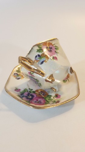 Hand Painted Footed Tea Cup and Saucer Pearl White Finish w/ Pink Floral Design - Picture 11 of 12