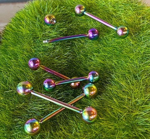 PAIR Rainbow Titanium Nipple Barbells Tongue Rings 14g Piercing Piered Jewelry - Picture 3 of 3