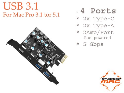  USB 3.1 4 Ports  PCIe card pour Mac Pro 3.1 à 5.1 -USB-C /A Comp USB 3.0 - Afbeelding 1 van 4