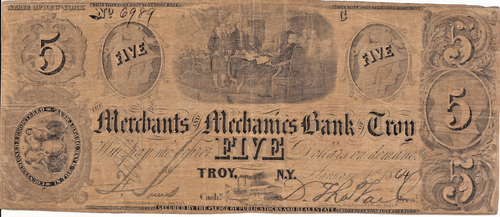 Billete de 5 dólares de 1864 The Merchants & Mechanics Bank Troy, era de la Guerra Civil de Nueva York - Imagen 1 de 4