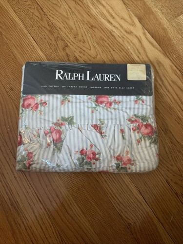 New Ralph Lauren EMMA Blue White Stripe Rose Floral Ruffled Flat Sheet - Twin - Picture 1 of 4