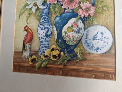 STILL LIFE ORIGINAL SIGNED WATERCOLOUR BLUE & WHITE CHINA CERAMICS FLOWERS BIRD - Picture 3 of 15