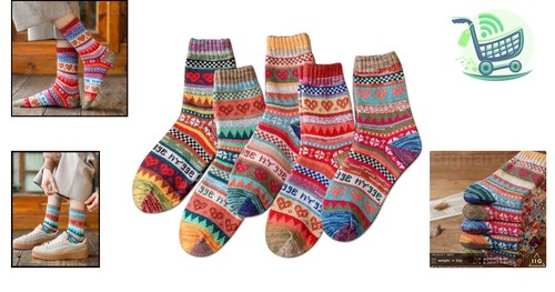 Thick Wool Women's Vintage Crew Socks - 5 Pairs for Ultimate Warmth & Style - Picture 2 of 8