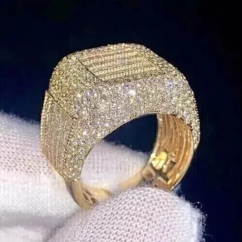 5Ct Baguette Cut Real Moissanite Cluster Men's Pinky Ring 14K Yellow Gold Plated - Picture 4 of 7