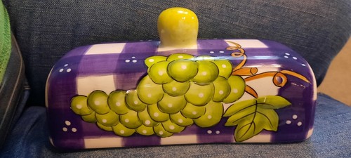 Cardinal Inc. Hand Painted "County Fair"Lemon, Grapes, Cherry Purple Butter Dish - Picture 5 of 7