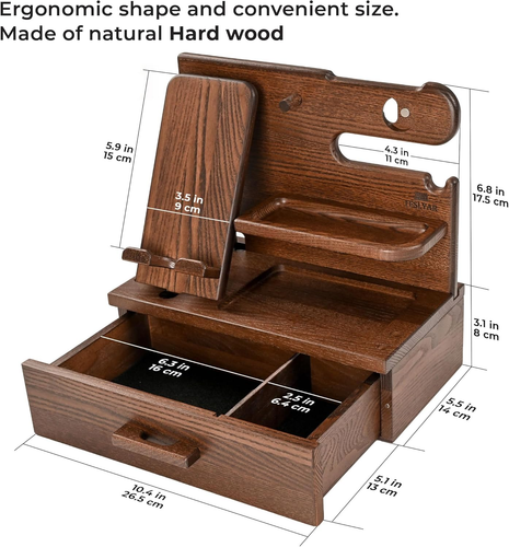Wood Phone Docking Station,Drawer - Nightstand Organizer - Desk Organizer, Brown - Picture 6 of 12