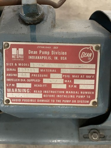 Dean PH-2111 Cast Iron Centrifugal Pump 1x1-1/2x8 50gpm 3PH - Picture 6 of 6