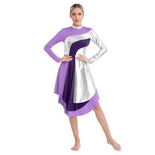 Womens Color Block Long Sleeve Liturgical Worship Curved Hem Praise Dance Dress - Bild 28 von 55