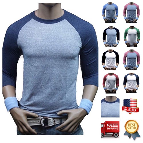 Mens T-Shirt 3/4 Sleeve Baseball Tri-Blend Casual Crew Neck Raglan Athletic Tee - Picture 1 of 11
