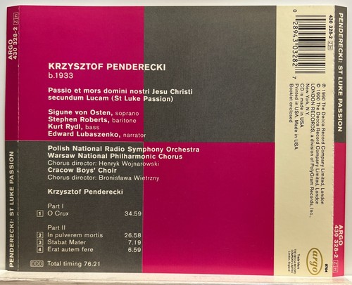 Krzysztof Penderecki : St Luke Passion (CD 1990 Argo) *Rare* *Very Good* - Bild 2 von 2