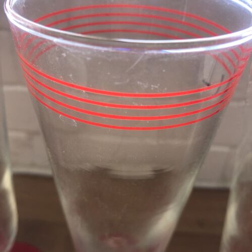 Retro Style Glasses Red Stripes & Footed Base Tall Pilsner Barware Set of 4 - Picture 3 of 6
