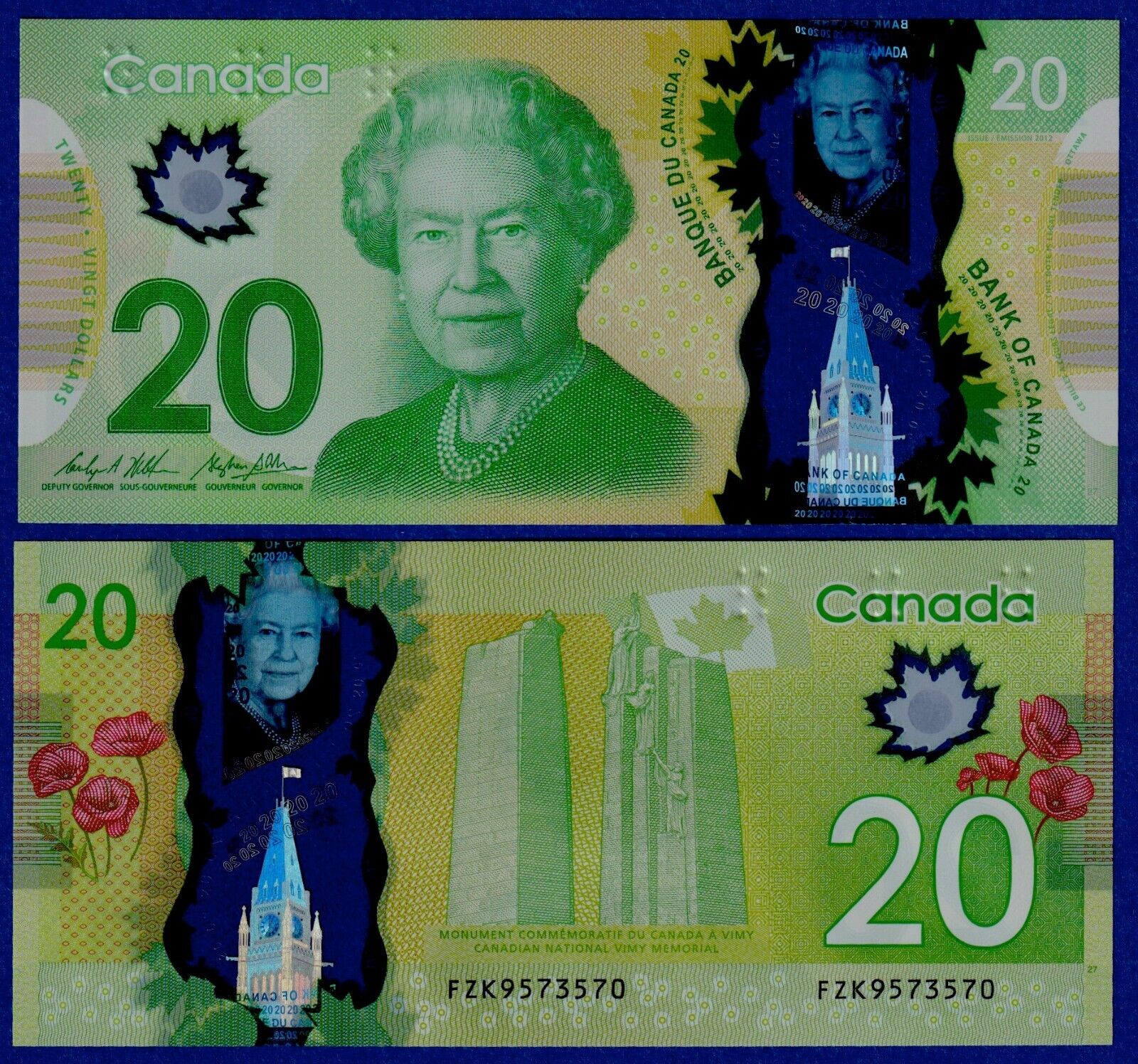 Canada $20 2012  P-108b / BC-71b  "Prefix FZK"  UNC Polymer - Queen Elizabeth II