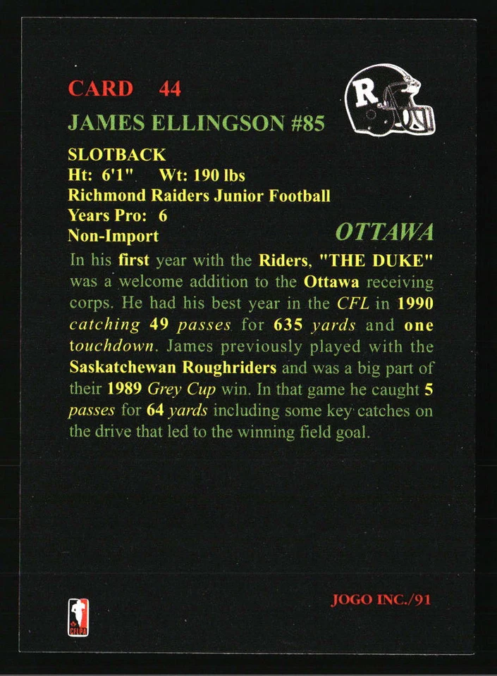 James Ellingson 1991 JOGO #44  Football Card - Image 2 of 2