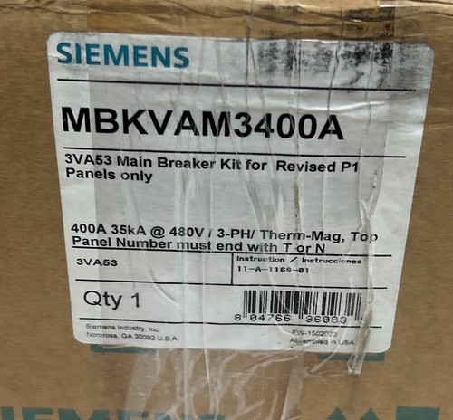 SIEMENS,MBKVAM3400A,MAIN BREAKER KIT 400A 480V 3P NOS - Picture 6 of 6