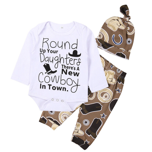 3PCS Newborn Infant Baby Boy Romper Tops Pants Hat Tracksuit Clothes Outfits Set - Picture 2 of 14