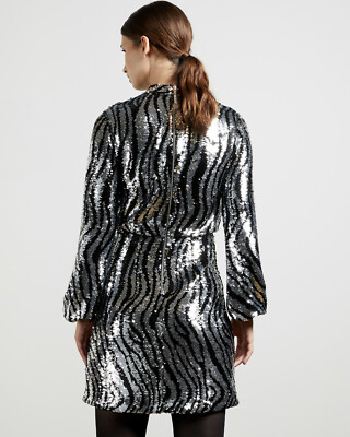 関税込み*TED BAKER ジェミルーロー ミニティードレス 宇宙柄 NWT Ted Baker LOUU Black Silver Long Sleeve Sequin Mini