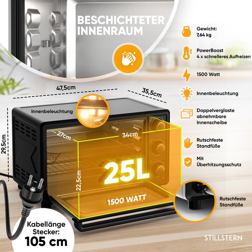 25L Minibackofen mit Umluft, Drehspieß, Auftauen, Backblech, 1500W, DE Version - Bild 4 von 8