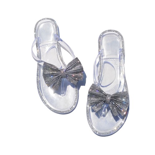 Women Bling Rhinestone Bow Slide Flat Jelly Flip Flops Thong Open Toe Sandals - Picture 13 of 19