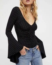 Free People We The Free Black Bell Sleeve Polka Dot V Neck Ruched Top Size m