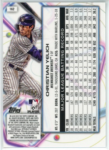 2023 Topps Chrome Cosmic Christian Yelich Aqua Equinox Refractor /199 *Damaged* - Picture 2 of 3
