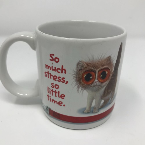 "So Much Stress, So Little Time" Red Big Eyed Cat Silly Anxiety Coffee Cup Mug - Picture 5 of 5