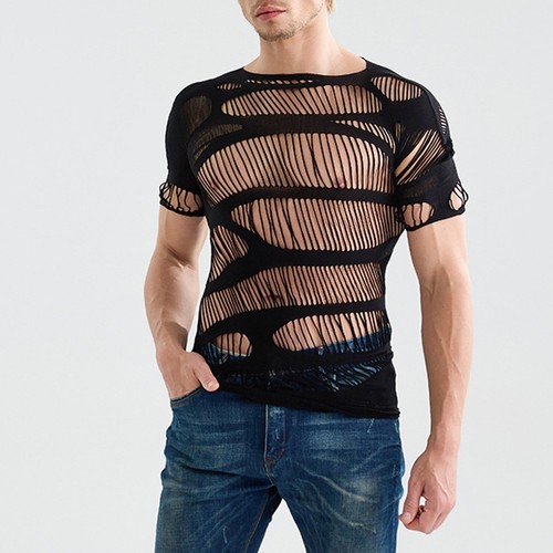 See Through Mesh T Shirts for Men's Short Sleeve Hollow Out O Neck Design - Picture 8 of 8