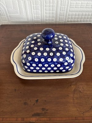 Polish Pottery Butter Dish Boleslawiec Blue Eye Peacock Handmade