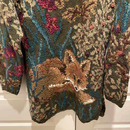 Maglione grosso vintage Isole del Nord volpe rossa verde oliva floreale lavorato a mano L - Foto 3 di 11