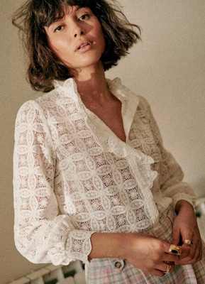 Sezane - Ivory Lace Button Up Blouse Size 34