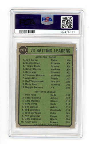 1974 Topps Baseball #201 Líderes de bateo Pete Rose & Rod Carew PSA 9 como nuevo - Imagen 2 de 2