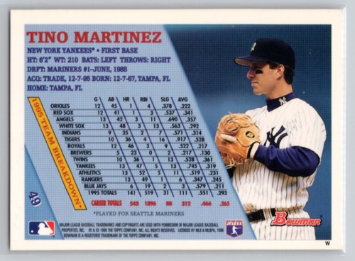 1996 BOWMAN #49 TINO MARTINEZ NEW YORK YANKEES - Picture 2 of 2