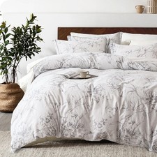 100 Natural Cotton 3pcs Floral Duvet Cover Sets-White Duvet Cover with Gray