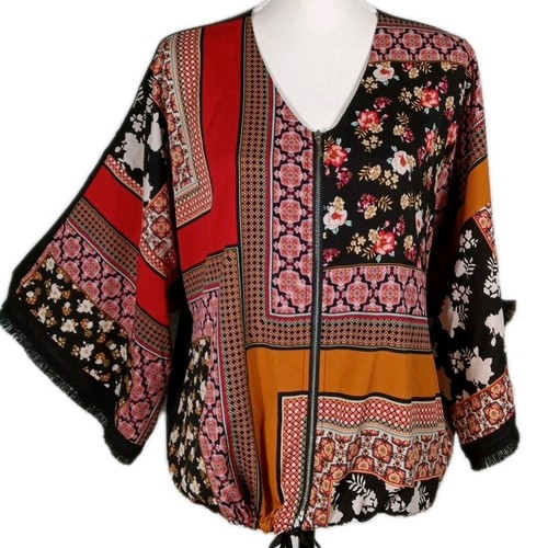 CHICOS 2 Kimono Ärmel Patchwork Reißverschluss vorne Bluse Gr. L geometrisch Blumen Boho - Bild 2 von 12