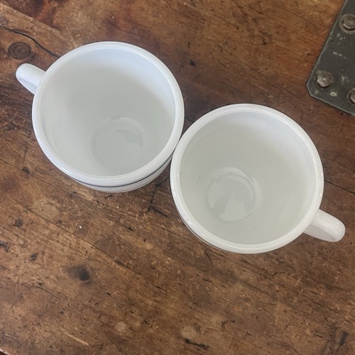 Two Vintage PYREX Tableware 723 Milk Glass Blue Stripe Band Mugs Restaurant - Picture 11 of 14