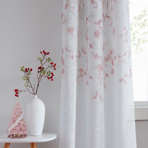 Panel de cortina de ventana de lino transparente metálico con estampado floral de hojas para vida rústica... - Imagen 1 de 7