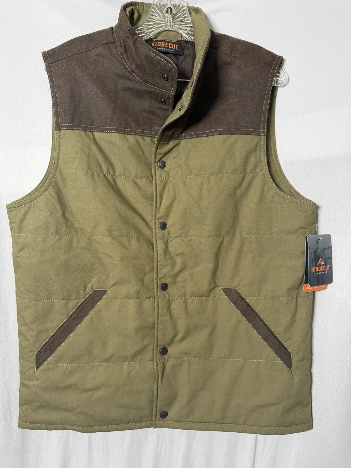 Ridgecut Toughwear Men's Vest NWT Medium, Martini Olive/Brown 2 Pocket Button Up