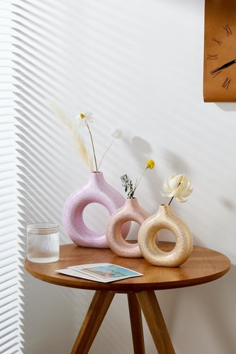 Set of 2 Donut Hollow Ceramic Vase Handmade Minimalist Boho ins Style, Modern... - Picture 5 of 8