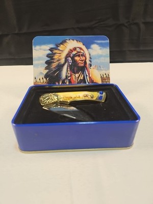Collectors Knife, Indian Golden Head, Scene On Handle, 2 1/2 In Knife, Excellent
