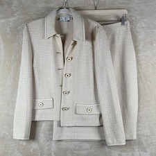 St John Collection Knit 2 pc Blazer Skirt Suit Houndstooth Beige Elegant Size 6