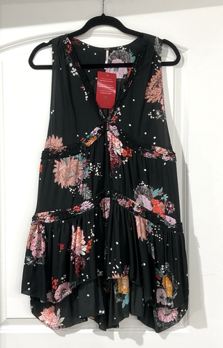 Free People Tunic Top Small Black Floral Sheer Tiered Dress Boho NEW - Picture 1 of 13