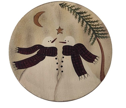 Primitive Donna weiß handbemalt Holz 6 Zoll Schneemann Teller - Bild 8 von 10