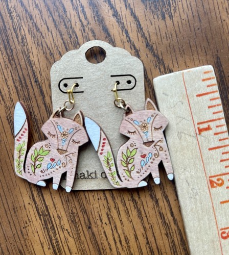 Fox Earrings rmaki designs dangle cute colorful light wood - Picture 2 of 2