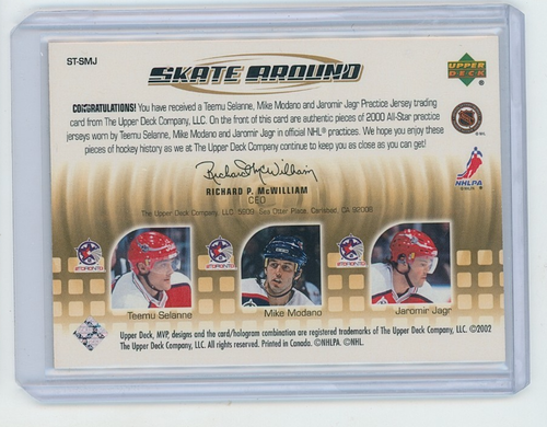 2002 -03 UD MVP Teemu Selanne, Mike Modano Jaromir Jagr Skate Around Jersey - Picture 2 of 2
