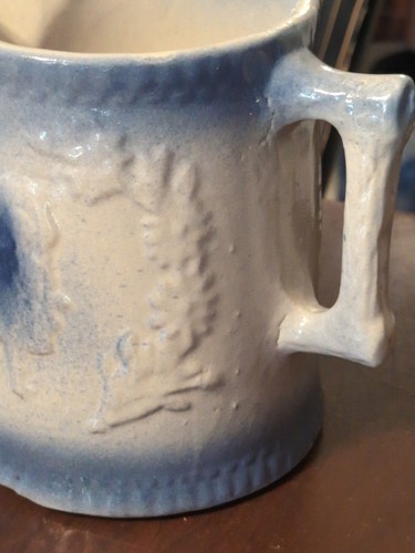 Antique American Stoneware Pitcher Blue & Grey Molded Boy & Girl - Picture 7 of 15